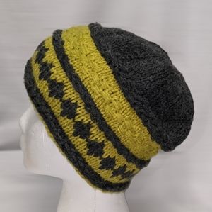 Diamond Pattern Winter Hat Gray and Green pull on diamond pattern